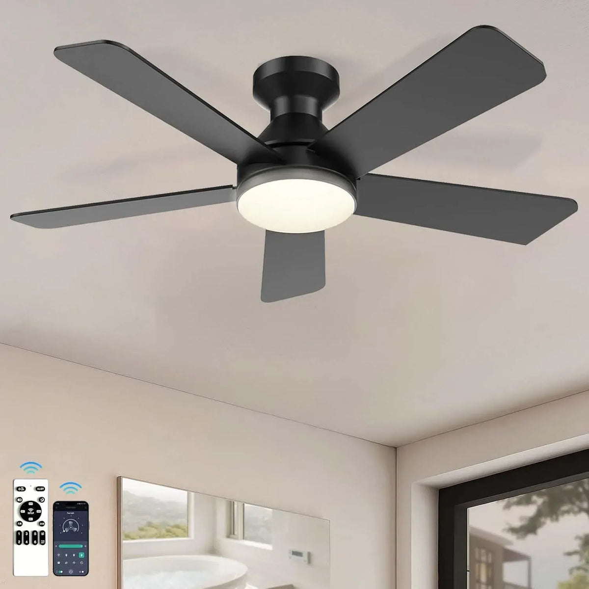 Ventilateur, 42 pouces, minuteur, application, éclairage LED, silencieux, Moteur CC réversible, télécommande et Application de contrôle, 5 pales