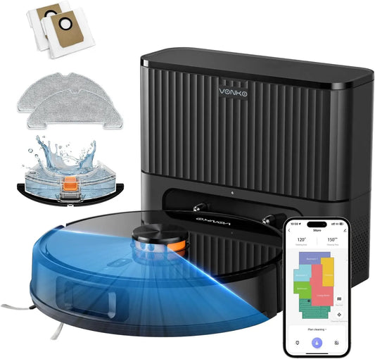 Robot aspirateur, VONKO 180min, noir, App & Alexa, 8000Pa, Navigation LiDAR 2, Autonomie