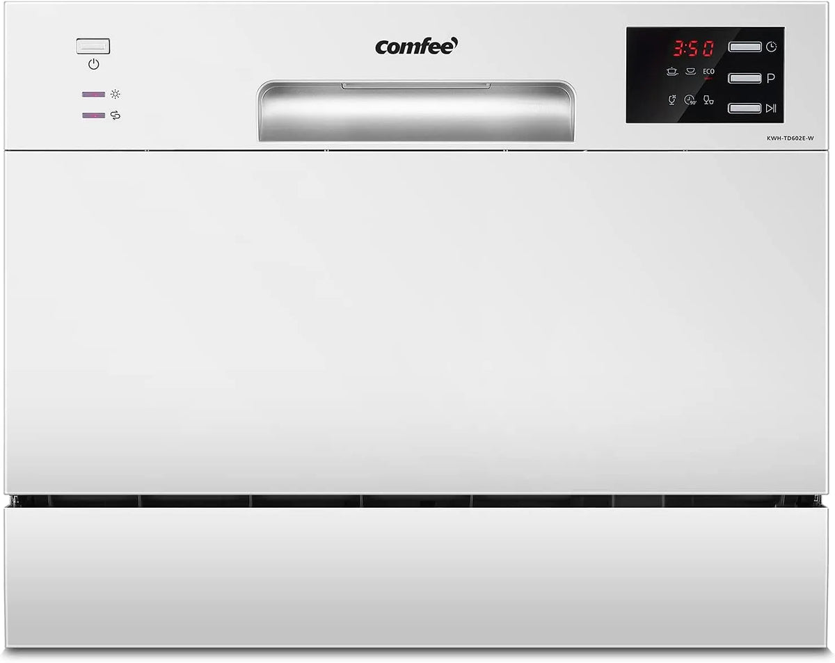 Lave-vaisselle TD602E-W, 6 programmes, blanc, écran LED, COMFEE' Lave-vaisselle compact de table TD602E-W Mini lave-vaisselle avec 6 couverts