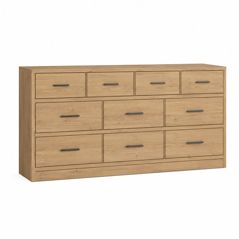 Commode 10 tiroirs en bois aspect chêne avec poignées en métal