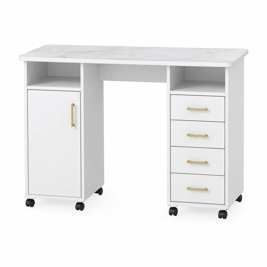 Bureau rectangulaire en MDF avec roulettes et tiroirs Blanc 120x60x75 cm