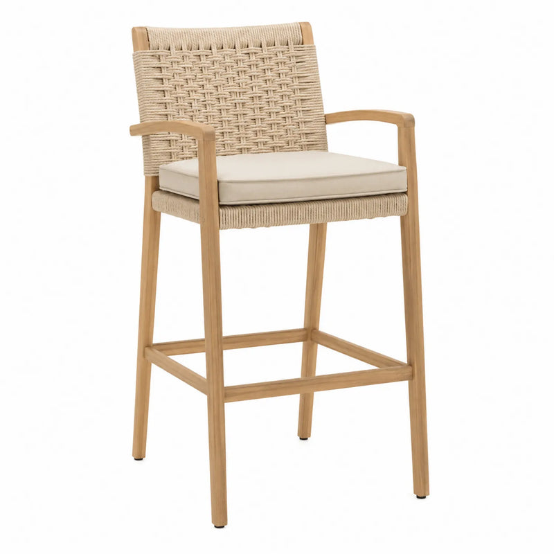 Chaise de bar en teck avec assise en corde tressée beige
