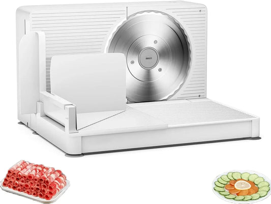 Trancheuse à Viande Pliable, trancheuse électrique équipé de Lame en Acier Inoxydable de 17 cm, épaisseur de Coupe réglable de 0 à 15 mm avec Poussoir