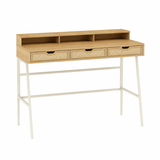 Bureau en bois avec tiroirs en rotin et cadre en métal