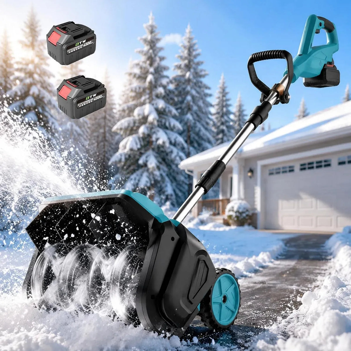 4.5Ah Neige Fraîche, Allées, Fraise à Neige électrique avec 2 Batteries 21V, portée de projection jusqu'à 7,6 m, largeur de 40 cm, Roue auxiliaire