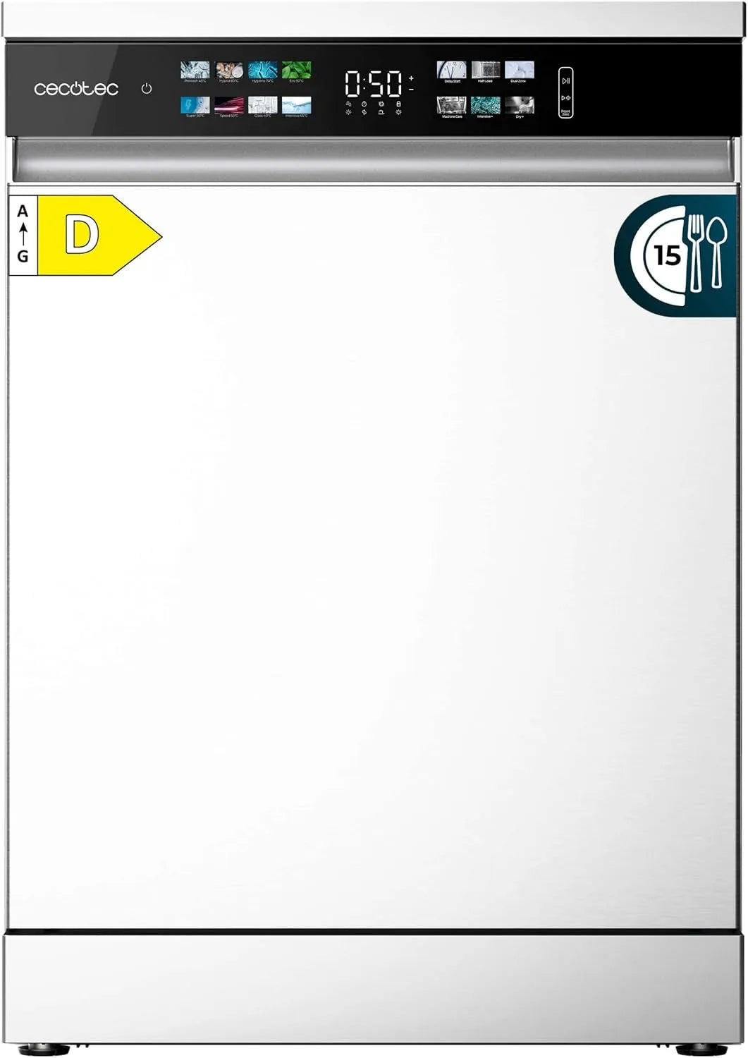 Cecotec Bolero Aguazero 6210 Lave-vaisselle, 60cm, classe énergétique D, aquaStop, verrouillage, blanc, 15 couverts, écran FullColor xxL, Lavage Dual